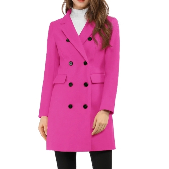 Women's Allegra K Pink Double-Breasted Coat fuchsia Pink Contemporary Modern - Picture 1 of 10